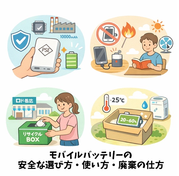 モバイルバッテリーの
安全な選び方・使い方・廃棄の仕方
のイメージイラスト